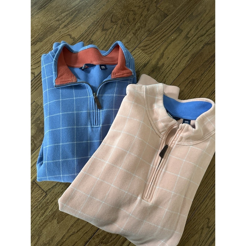 SET OF 2 Lands End Pullover Mens 2XL Blue Pink Plaid Sweater Quarter 1/4 Zip - Picture 1 of 16